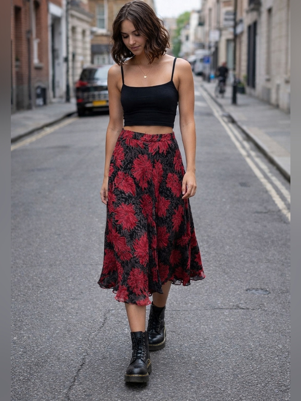 Coldwater Creek Black Red Floral Chiffon Whimsygoth Maxi Skirt Size MP